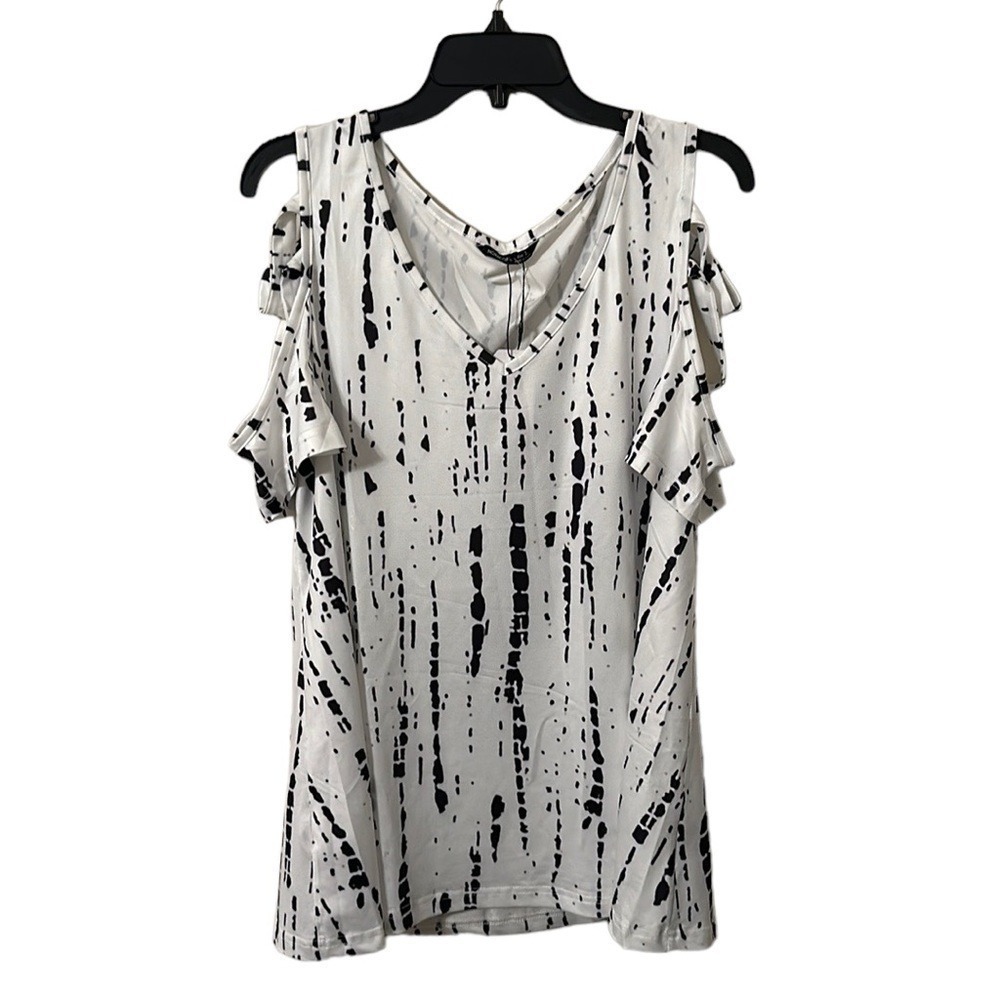 Noracora Women's White/Black V-Neck‎ Geometric Cold Shoulder Top Size L
